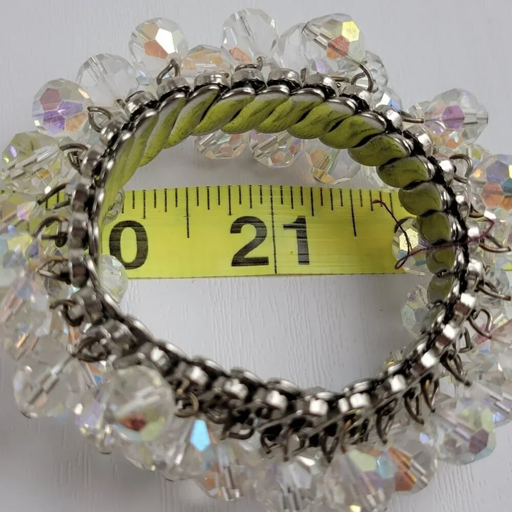 Vtg. Mid Century 50's Silver-Tone Clear Crystal Bead Charm Expandable Bracelet